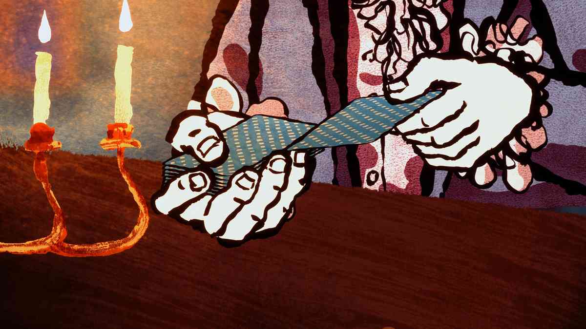 Hand-drawn illustration of a person in 18th-century attire shuffling cards beside candlelight, from the card game Card Shark.