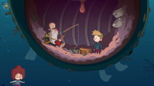 Toto meets an old man fishing inside a whale in Lost in Play