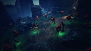 A lone traveler walks through glowing flowers in Ayasa: Shadows of Silence