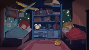 Toto and Gal asleep in their room after adventures in Lost in Play