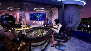 Players sit around a luxury poker table in Vegas Infinite, overlooking a city skyline