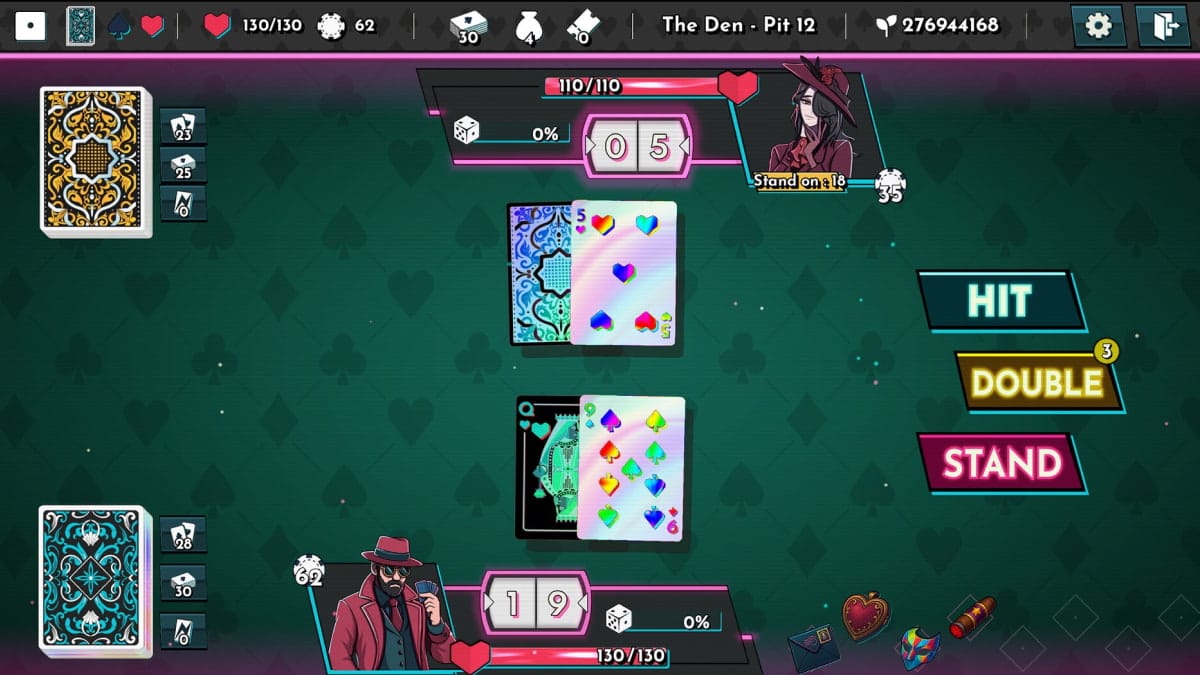 RogueJack21 screen with a player and opponent. The player holds cards totaling 19, while the opponent stands at 5