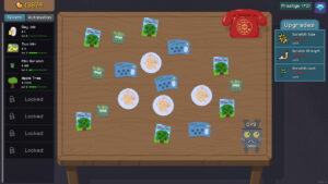 In-game view from Scritchy Scratchy showing various scratchcards, upgrades, and the red phone interface