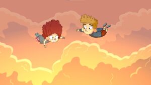 Toto and Gal flying through sunset clouds in Lost in Play