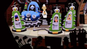 Day of the Tentacle Remastered – the three main characters prepare to use a strange time-travel machine built by a mad scientist.
