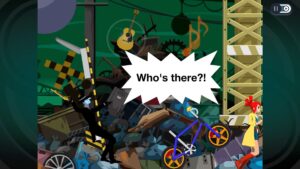 Ghost Trick: Phantom Detective – a red-haired woman and a shadowy figure meet in a junkyard as a speech bubble says “Who’s there?!”