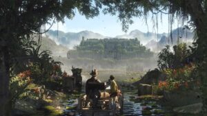 Indiana Jones and the Great Circle – Indiana Jones and a companion travel by boat through a jungle toward a lost ancient temple.
