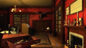 A richly decorated study with red walls and antique furniture hides dark secrets in John Saul’s Blackstone Chronicles.