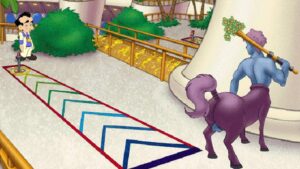 Leisure Suit Larry: Love for Sail! – Larry faces a muscular blue centaur in a humorous, brightly colored setting.
