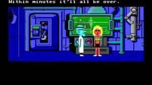 A mad scientist confronts a captive woman in his strange underground lab in Maniac Mansion.