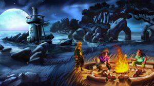 Pirates sit around a campfire by the shore under a full moon as Guybrush Threepwood listens to their tales in Monkey Island 2: LeChuck’s Revenge.