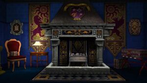 A richly decorated room with banners and a grand stone fireplace sets a mysterious tone in Nancy Drew: Curse of Blackmoor Manor.
