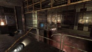 A flashlight beam reveals a grim underground lab stained with blood and decay in Penumbra: Black Plague.
