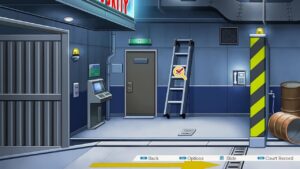 A security room hallway with a locked door, ladder, and computer terminal from Phoenix Wright: Ace Attorney Collection.