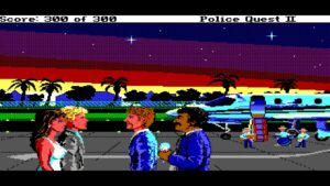 A detective reunites with his partner at sunset on an airport runway in Police Quest II: The Vengeance.
