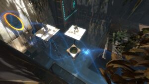 A test chamber with energy bridges, turrets, and a glowing orange portal on the wall in Portal 2.