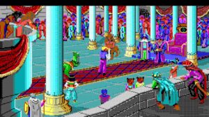 A hero stands before a grand audience in a colorful palace during a royal ceremony in Quest for Glory II: Trial by Fire.