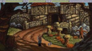 The hero stands on a winding dirt path outside a stone castle surrounded by pumpkins and scarecrows in Quest for Glory IV: Shadows of Darkness.