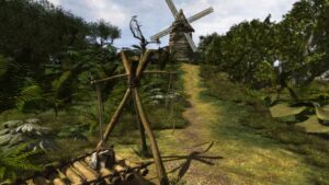 A dirt path through lush greenery leads to an old wooden windmill in Return to Mysterious Island.