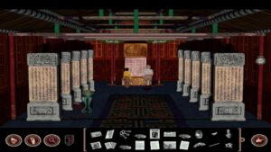 Two explorers study an ancient inscribed monument inside an ornate temple hall in Ripley’s Believe It or Not! The Riddle of Master Lu.