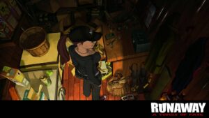 A woman in a cap searches through a cluttered wooden room filled with boxes and tools in Runaway: A Twist of Fate.