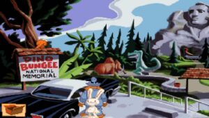 The detective duo Sam and Max arrive at a quirky roadside attraction with dinosaur statues and a Mount Rushmore parody in Sam & Max Hit the Road.