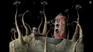 A small robot looks toward a red rocket ship surrounded by twisted trees under a starry sky in Samorost 2.