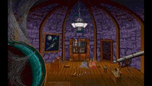 A dimly lit observatory with a telescope, cobwebs, and a painting of planets from Shadow of the Comet.