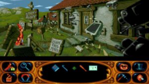 A young wizard in a red robe stands outside a house covered in surveillance cameras in Simon the Sorcerer II: The Lion, the Wizard and the Wardrobe.