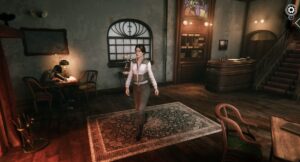 Kate Walker walks through a vintage hotel lobby with warm lighting and wooden furniture in Syberia.