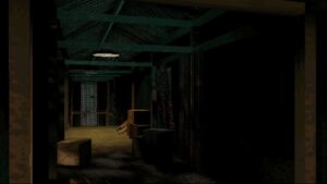 A dimly lit corridor filled with crates and shadows in Tex Murphy: The Pandora Directive.