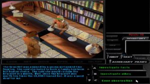 Tex Murphy questions a shopkeeper inside a pawn shop filled with books and lamps in Tex Murphy: Under a Killing Moon.