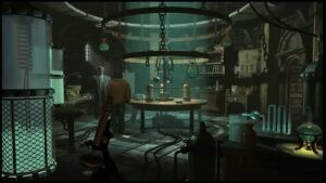 A man stands in a dimly lit laboratory filled with scientific instruments and glowing glass equipment in The Black Mirror.