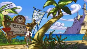 The main character stands on a sunny Caribbean beach near a “Welcome to Puerto Pollo” sign in The Curse of Monkey Island.