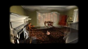 A distorted view of a Victorian-style room with warped furniture and eerie lighting in The Dark Eye.