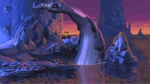 An astronaut encounters a massive alien creature rising from the water against a purple sunset in The Dig.