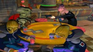 A group of colorful aliens sit around a table in a sci-fi bar while one points a gun at another in The Feeble Files.