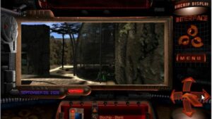 A futuristic interface screen shows a rocky outdoor environment with metallic structures in The Journeyman Project 2: Buried in Time.