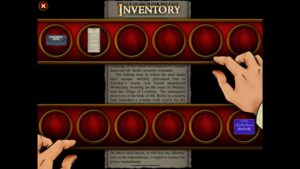 The player’s hands open a red and gold inventory screen containing various items in The Last Express.