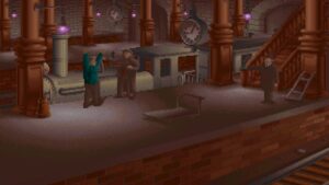Sherlock Holmes confronts a suspect on an underground train platform in The Lost Files of Sherlock Holmes: The Case of the Serrated Scalpel.
