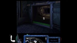 A dimly lit sci-fi corridor inside the alien mining maze from The Space Bar.