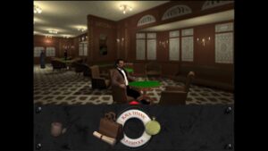 A passenger sits at a green poker table in the elegant lounge aboard the R.M.S. Titanic in Titanic: Adventure Out of Time.