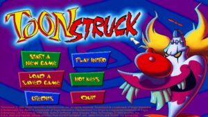 The colorful main menu of Toonstruck featuring a grinning cartoon villain with wild yellow hair and exaggerated features.