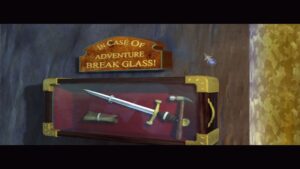 A display case from Zork: Grand Inquisitor showing a sword, scroll, and hammer beneath a humorous sign that reads, “In case of adventure, break glass!”
