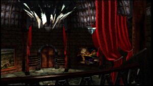 A dimly lit chamber draped in red curtains and gothic decor from Zork Nemesis, creating a mysterious and foreboding atmosphere.