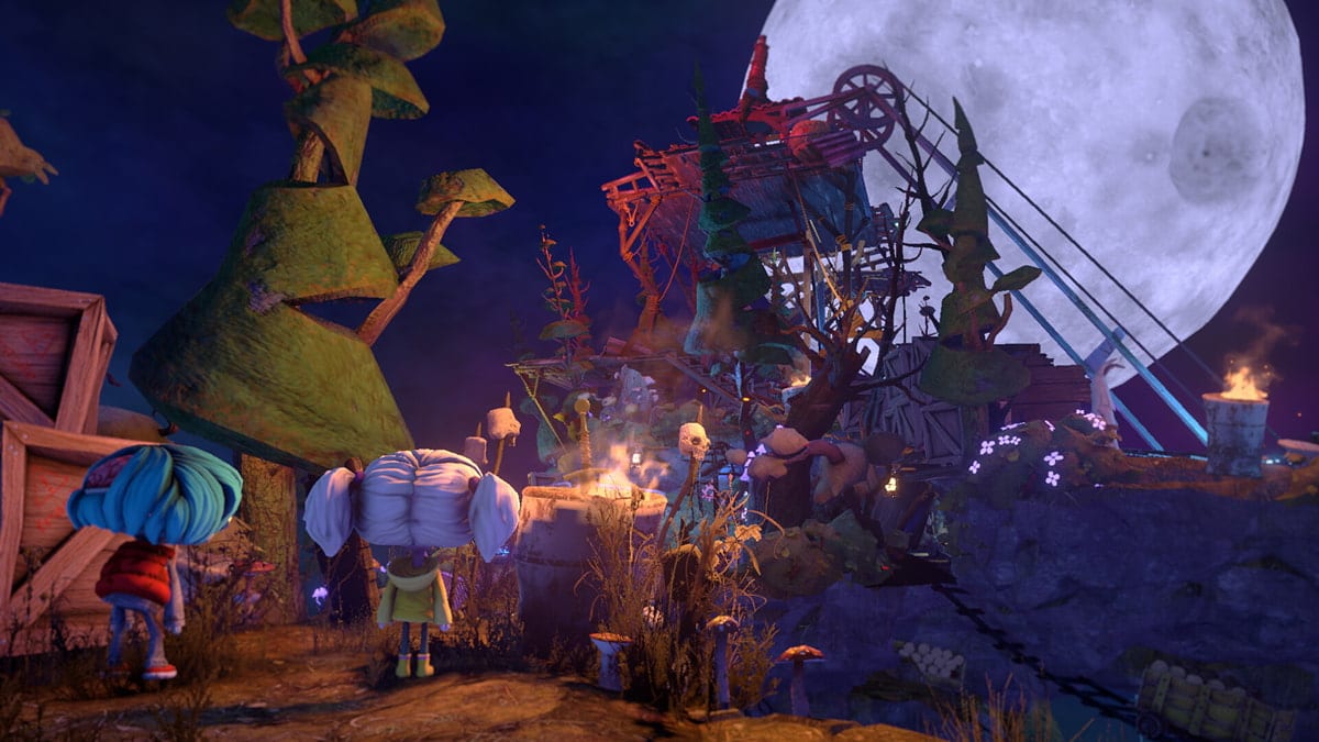 Gloomy and Nena explore a moonlit world filled with eerie lights and overgrown structures in Gloomy Eyes