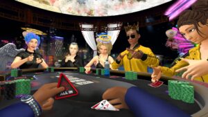 Avatars gather around a virtual table going all-in in the Vegas Infinite Poker game