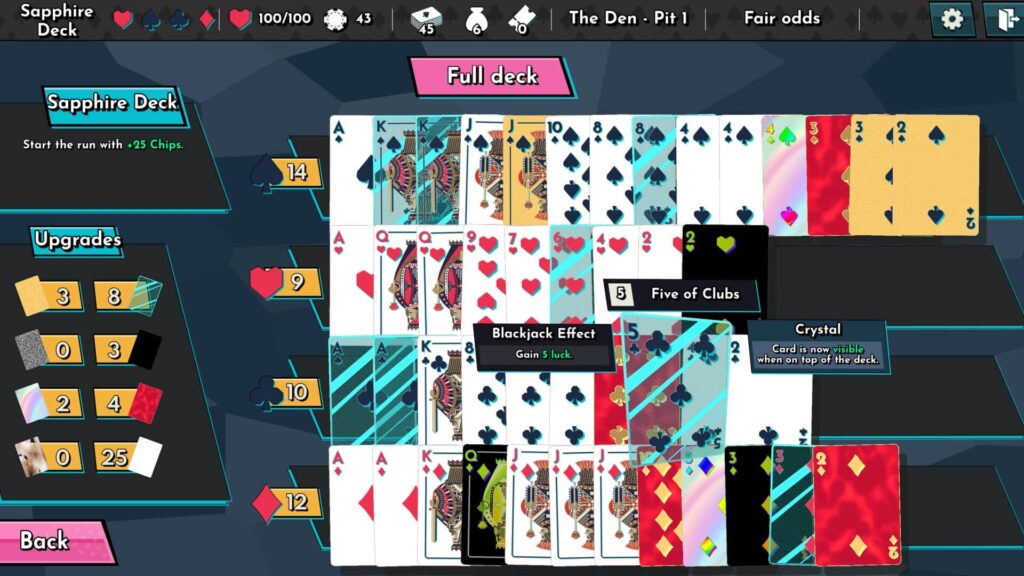 RogueJack21 interface displaying a full deck with vivid graphics. Highlight on the "Five of Clubs" with a "Blackjack Effect" note