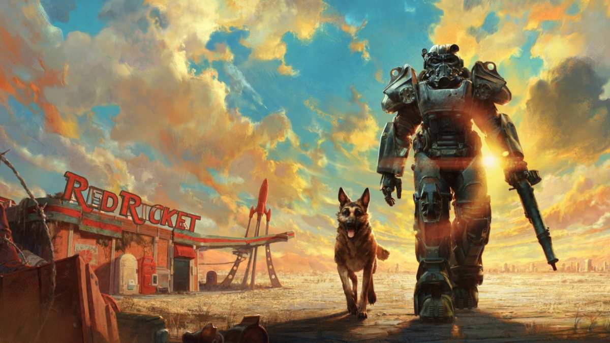 The Sole Survivor standing on a cracked road in Fallout 4 while looking at Dogmeat, with the post-apocalyptic Commonwealth landscape behind them.