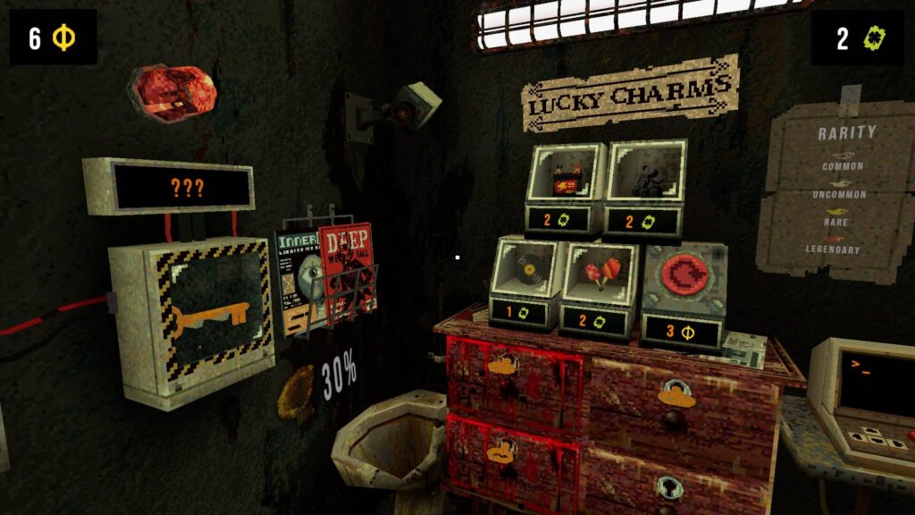 A cluttered corner shop displays purchasable charms and the escape key in CloverPit